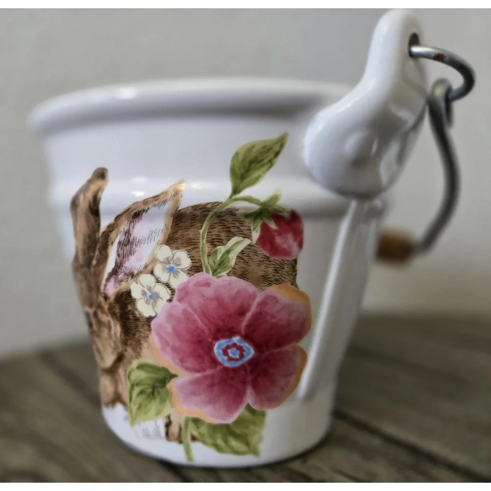 Maxcera Ceramic Bunny Floral Bucket Basket With Wooden Handle Easter Spring